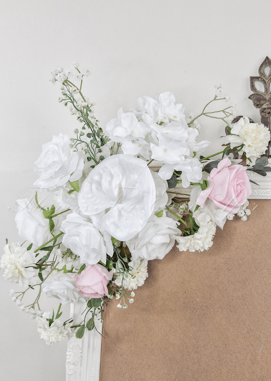 Artificial wedding sign floral close-up with white faux roses, pale pink roses, white blooms and fine white sprigs. Made in Melbourne by Flowers For Ever After, shipping Australia and Worldwide.