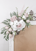 Artificial wedding sign flower cluster with blush and white faux roses, white hydrangea, eucalyptus and pale pink sprigs. Made in Melbourne by Flowers For Ever After, shipping Australia and Worldwide.