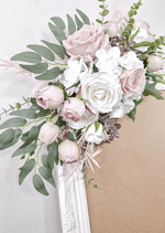Artificial wedding sign decoration close-up with blush and white faux roses, white hydrangea and eucalyptus. Made in Melbourne by Flowers For Ever After, shipping Australia and Worldwide.