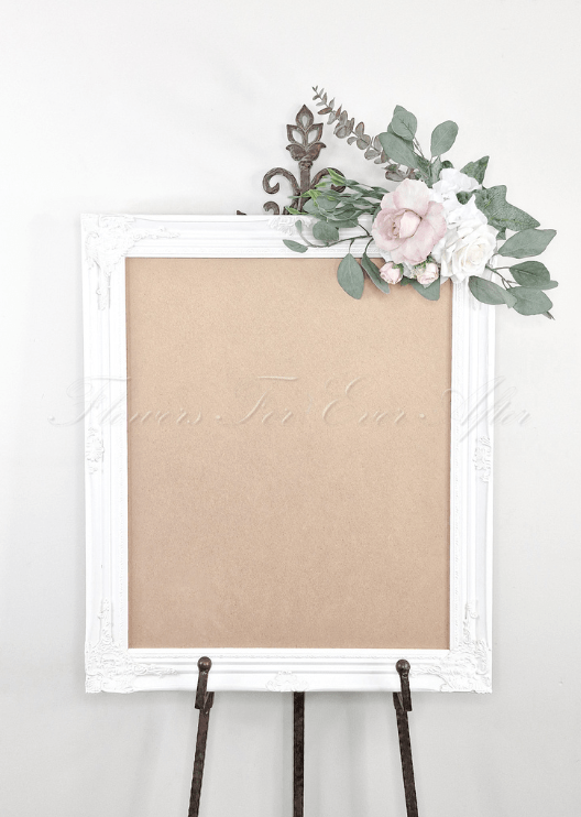 Artificial wedding sign decoration with blush and white faux roses, white hydrangea and eucalyptus at the upper right corner. Made in Melbourne by Flowers For Ever After, shipping Australia and Worldwide.