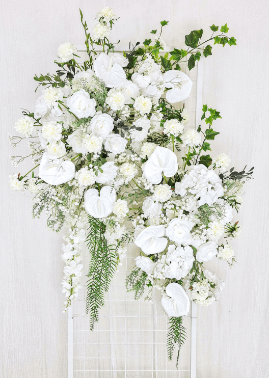 Artificial wedding ceremony flower display with mixed faux blooms and green foliage. Made in Melbourne by Flowers For Ever After, shipping Australia and Worldwide.