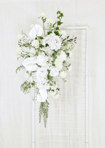 Artificial wedding floral display with mixed faux blooms, small flowers and green leaves. Made in Melbourne by Flowers For Ever After, shipping Australia and Worldwide.