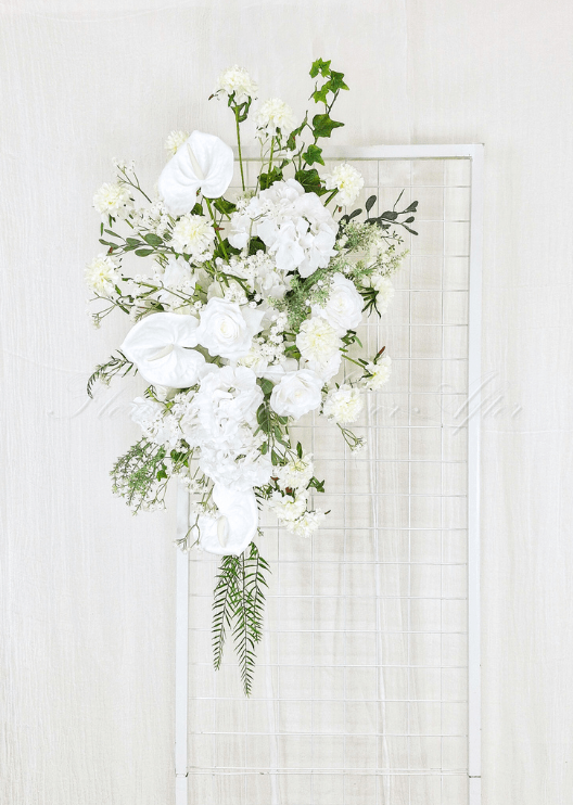 Artificial wedding floral display with mixed faux blooms, small flowers and green leaves. Made in Melbourne by Flowers For Ever After, shipping Australia and Worldwide.