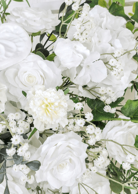 Artificial wedding ceremony flower arrangement with mixed faux blooms and green foliage. Made in Melbourne by Flowers For Ever After, shipping Australia and Worldwide.