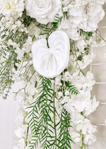 Artificial wedding ceremony arrangement with mixed faux blooms, smaller flowers and trailing green foliage. Made in Melbourne by Flowers For Ever After, shipping Australia and Worldwide.