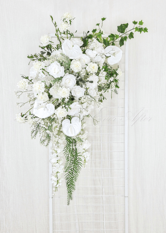 Artificial wedding ceremony arrangement with mixed faux flowers and green foliage. Made in Melbourne by Flowers For Ever After, shipping Australia and Worldwide.
