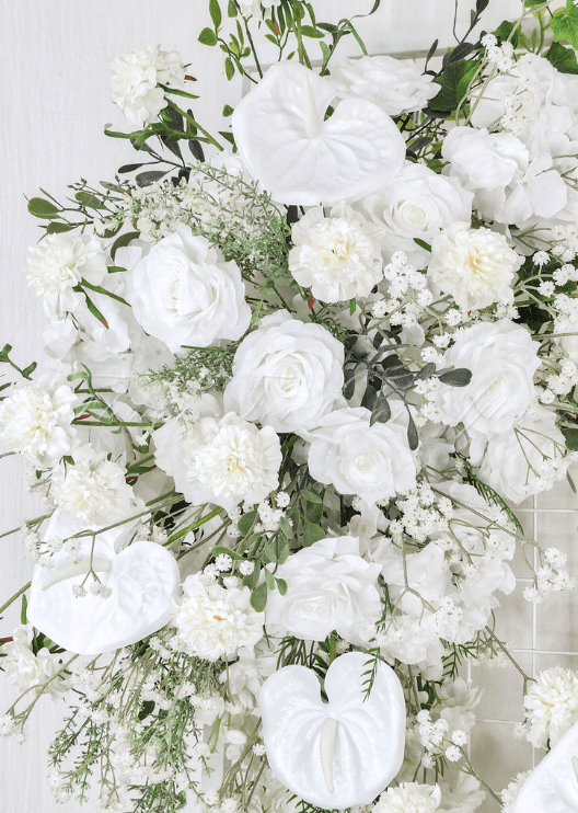 Artificial wedding ceremony floral arrangement, angled view of mixed faux flowers and trailing greenery. Made in Melbourne by Flowers For Ever After, shipping Australia and Worldwide.