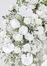 Artificial wedding ceremony floral arrangement, angled view of mixed faux flowers and trailing greenery. Made in Melbourne by Flowers For Ever After, shipping Australia and Worldwide.