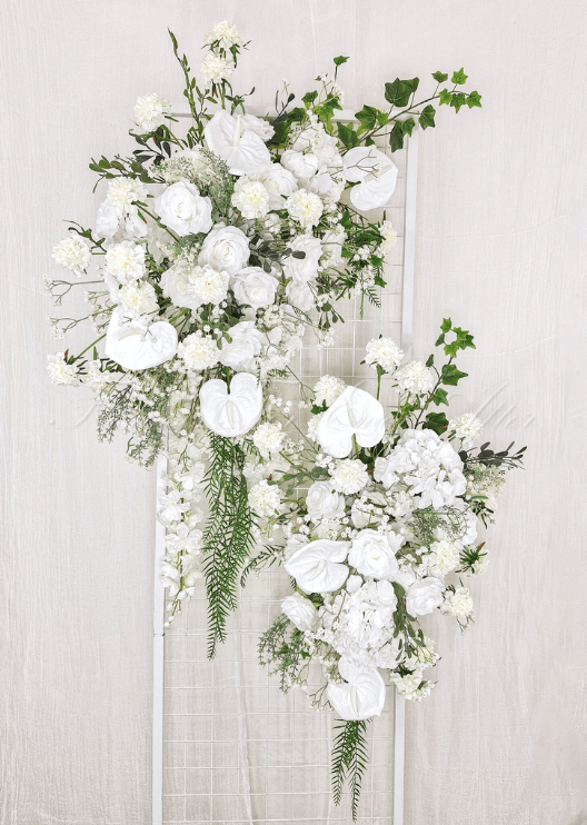 Artificial wedding ceremony floral arrangement with mixed faux blooms and trailing green foliage. Made in Melbourne by Flowers For Ever After, shipping Australia and Worldwide.