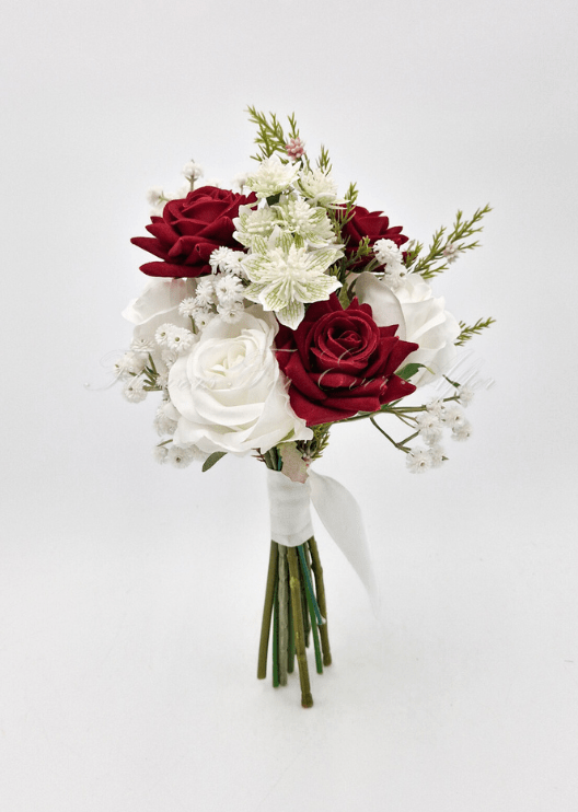 Artificial wedding bridesmaid posy close-up showing burgundy and white faux flower petals. Made in Melbourne by Flowers For Ever After, shipping Australia and Worldwide.