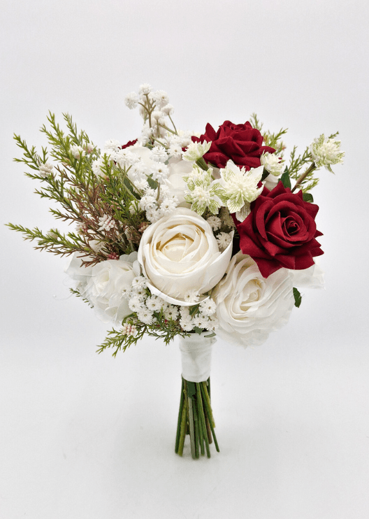 Artificial wedding bridesmaid posy, front view of burgundy and white faux blooms with green foliage. Made in Melbourne by Flowers For Ever After, shipping Australia and Worldwide.