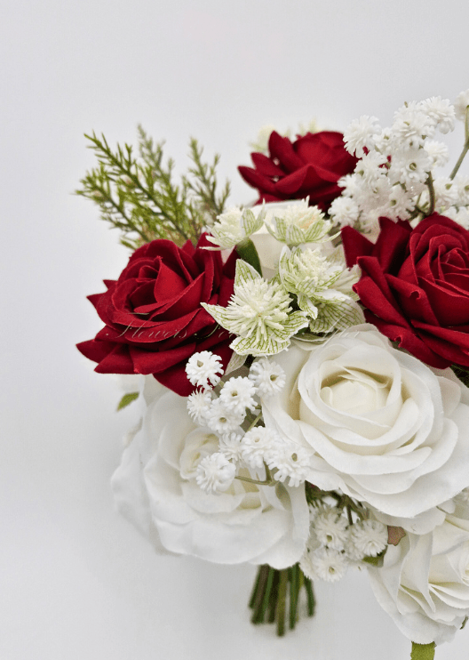 Artificial wedding bridesmaid posy with burgundy and white faux flowers and green leaves. Made in Melbourne by Flowers For Ever After, shipping Australia and Worldwide.