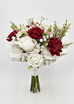Artificial wedding bridal bouquet, angled view of burgundy and white faux flowers and green leaves. Made in Melbourne by Flowers For Ever After, shipping Australia and Worldwide.