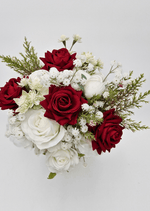Artificial wedding bridal bouquet, side view of burgundy and white faux blooms and a wrapped handle. Made in Melbourne by Flowers For Ever After, shipping Australia and Worldwide.