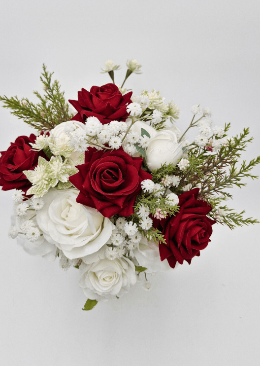 Artificial wedding bridal bouquet, side view of burgundy and white faux blooms and a wrapped handle. Made in Melbourne by Flowers For Ever After, shipping Australia and Worldwide.