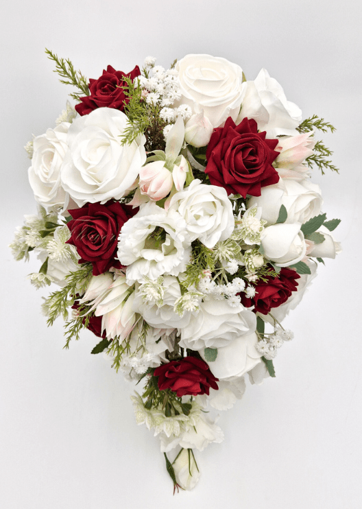 Artificial wedding bridal bouquet, front view of burgundy and white faux blooms with green foliage. Made in Melbourne by Flowers For Ever After, shipping Australia and Worldwide.