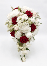 Artificial wedding bridal bouquet with burgundy and white faux flowers, smaller blooms and green leaves. Made in Melbourne by Flowers For Ever After, shipping Australia and Worldwide.