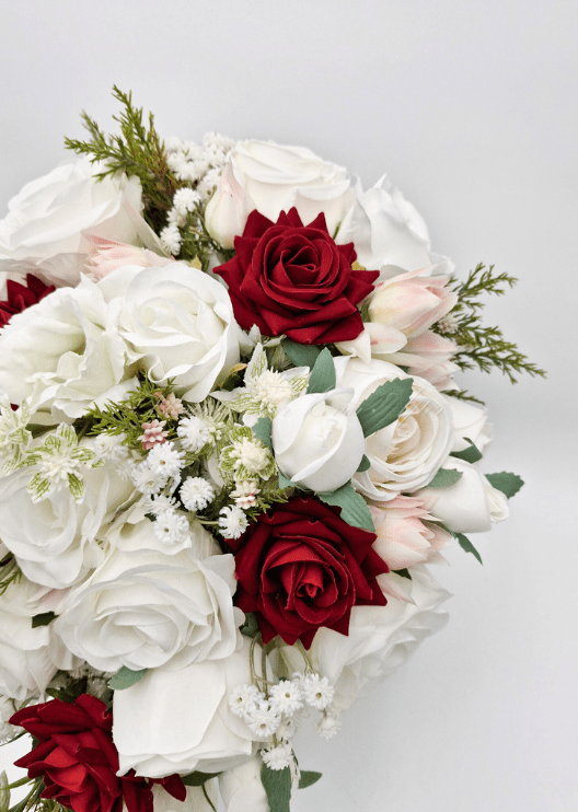 Artificial wedding bridal bouquet close-up with burgundy and white faux flowers and smaller blooms. Made in Melbourne by Flowers For Ever After, shipping Australia and Worldwide.