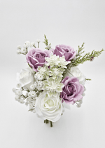 Artificial wedding bridal bouquet, front view of mixed faux roses, smaller blooms and green foliage. Made in Melbourne by Flowers For Ever After, shipping Australia and Worldwide.