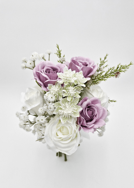 Artificial wedding bridal bouquet, front view of mixed faux roses, smaller blooms and green foliage. Made in Melbourne by Flowers For Ever After, shipping Australia and Worldwide.