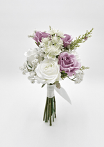 Artificial wedding bridal bouquet with mixed faux roses, smaller flowers and green leaves. Made in Melbourne by Flowers For Ever After, shipping Australia and Worldwide.