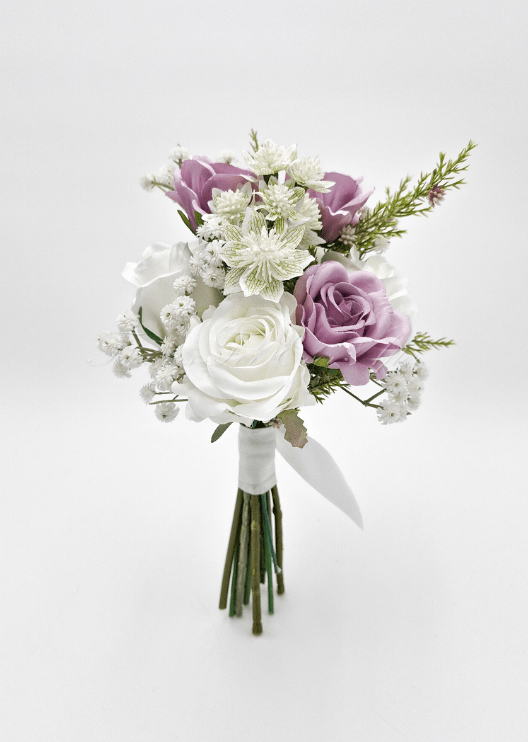 Artificial wedding bridal bouquet with mixed faux roses, smaller flowers and green leaves. Made in Melbourne by Flowers For Ever After, shipping Australia and Worldwide.