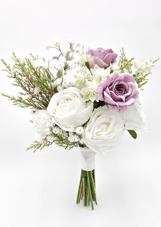Artificial wedding bridal bouquet, side view of faux roses, small flowers and green foliage. Made in Melbourne by Flowers For Ever After, shipping Australia and Worldwide.