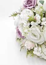 Artificial wedding bridesmaid posy with mixed faux blooms, green foliage and ribbon-wrapped stems. Made in Melbourne by Flowers For Ever After, shipping Australia and Worldwide.