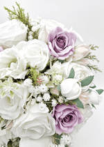 Artificial wedding bridesmaid posy close-up showing faux flower petals and green foliage. Made in Melbourne by Flowers For Ever After, shipping Australia and Worldwide.