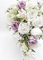 Artificial wedding bridesmaid posy, front view of mixed faux blooms, smaller flowers and green leaves. Made in Melbourne by Flowers For Ever After, shipping Australia and Worldwide.