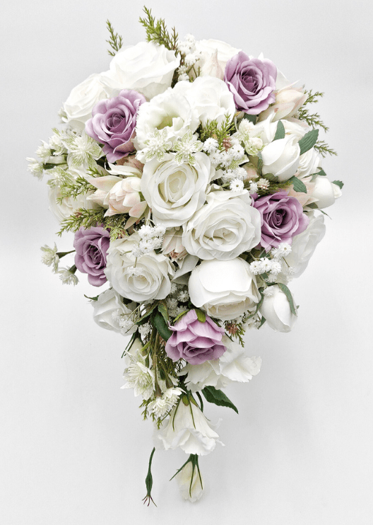 Artificial wedding bridesmaid posy with mixed faux flowers and green foliage, finished with wrapped stems. Made in Melbourne by Flowers For Ever After, shipping Australia and Worldwide.