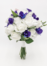 Artificial wedding bridal bouquet with pink faux lilies, purple orchids, smaller flowers and greenery. Made in Melbourne by Flowers For Ever After, shipping Australia and Worldwide.