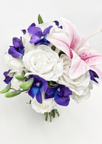 Artificial wedding bridal bouquet, side view of pink faux lilies, purple orchids and wrapped stems. Made in Melbourne by Flowers For Ever After, shipping Australia and Worldwide.