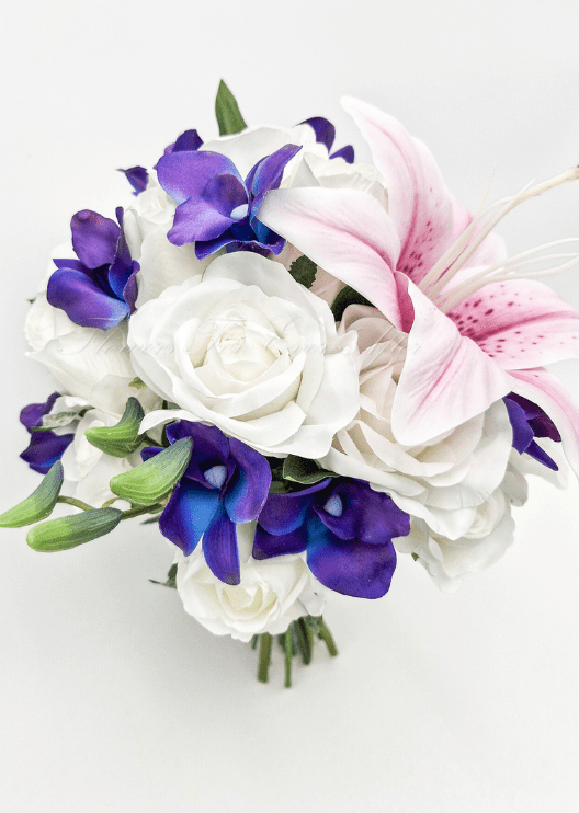 Artificial wedding bridal bouquet, side view of pink faux lilies, purple orchids and wrapped stems. Made in Melbourne by Flowers For Ever After, shipping Australia and Worldwide.
