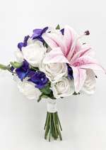 Artificial wedding bridal bouquet close-up showing pink faux lily petals and purple orchids. Made in Melbourne by Flowers For Ever After, shipping Australia and Worldwide.