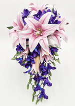 Artificial wedding bridesmaid posy with pink faux lilies, purple orchids and green leaves. Made in Melbourne by Flowers For Ever After, shipping Australia and Worldwide.