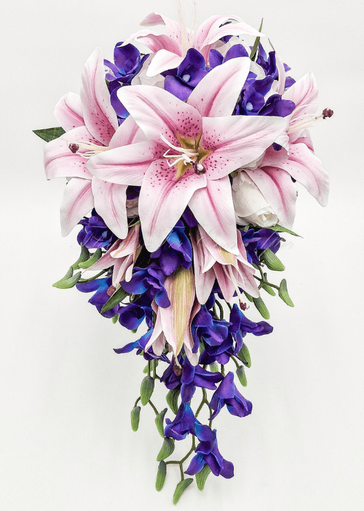 Artificial wedding bridesmaid posy with pink faux lilies, purple orchids and green leaves. Made in Melbourne by Flowers For Ever After, shipping Australia and Worldwide.