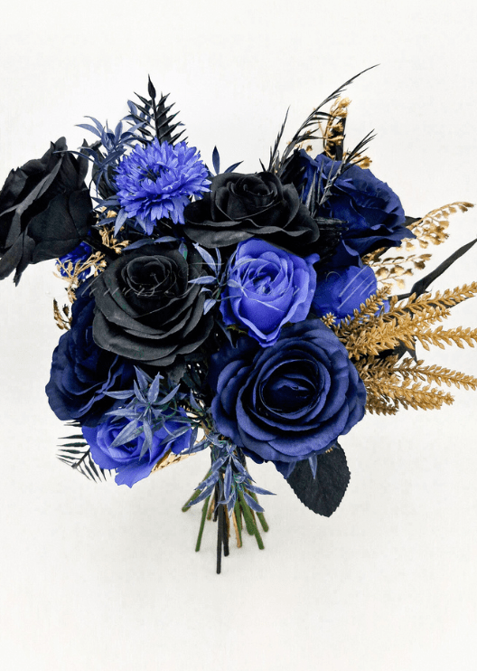 Artificial wedding bridesmaid posy, front view of mixed faux flowers and green leaves. Made in Melbourne by Flowers For Ever After, shipping Australia and Worldwide.