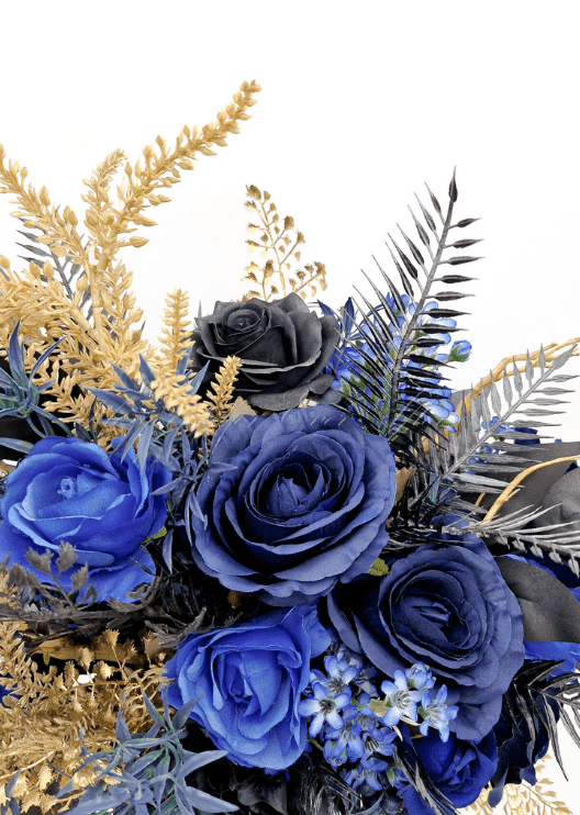 Artificial wedding bridal bouquet, angled view of mixed faux flowers and green leaves. Made in Melbourne by Flowers For Ever After, shipping Australia and Worldwide.