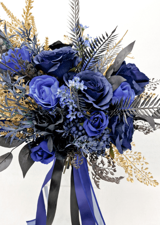 Artificial wedding bridal bouquet, front view of mixed faux flowers and green leaves. Made in Melbourne by Flowers For Ever After, shipping Australia and Worldwide.
