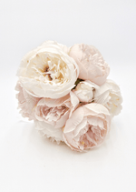 Artificial wedding bridal bouquet, angled view of white and blush faux peonies and green leaves. Made in Melbourne by Flowers For Ever After, shipping Australia and Worldwide.