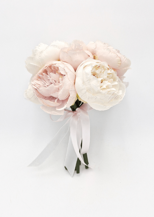 Artificial wedding bridal bouquet with white and pale blush faux peonies and green foliage. Made in Melbourne by Flowers For Ever After, shipping Australia and Worldwide.