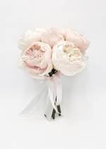 Artificial wedding bridal bouquet with white and pale blush faux peonies and green foliage. Made in Melbourne by Flowers For Ever After, shipping Australia and Worldwide.