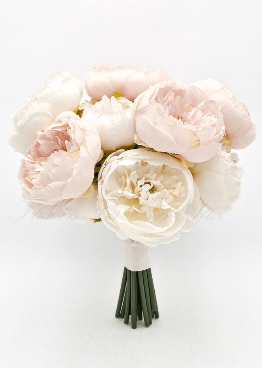 Artificial wedding bridal bouquet with white and pale blush faux peonies, smaller blooms and green leaves. Made in Melbourne by Flowers For Ever After, shipping Australia and Worldwide.