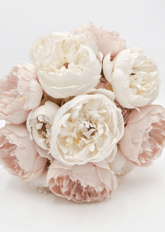 Artificial wedding bridesmaid posy with white and pale blush faux peonies and wrapped stems. Made in Melbourne by Flowers For Ever After, shipping Australia and Worldwide.
