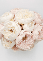 Artificial wedding bridesmaid posy close-up showing layered white and blush faux peony petals. Made in Melbourne by Flowers For Ever After, shipping Australia and Worldwide.