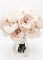 Artificial wedding bridesmaid posy with white and pale blush faux peonies and green leaves. Made in Melbourne by Flowers For Ever After, shipping Australia and Worldwide.