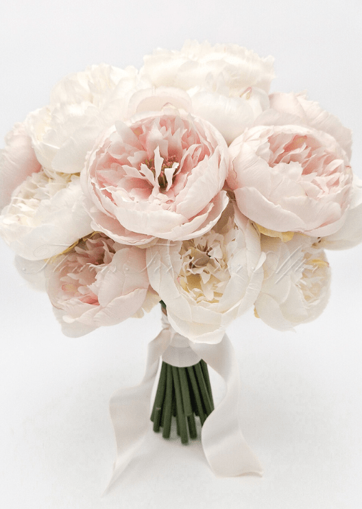 Artificial wedding bridesmaid posy, front view of white and blush faux peonies and green foliage. Made in Melbourne by Flowers For Ever After, shipping Australia and Worldwide.