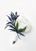 Artificial wedding boutonniere with a white faux rose, small flowers and green leaves, with wrapped stems. For formals, proms and ball occasions. Made in Melbourne by Flowers For Ever After, shipping Australia and Worldwide.