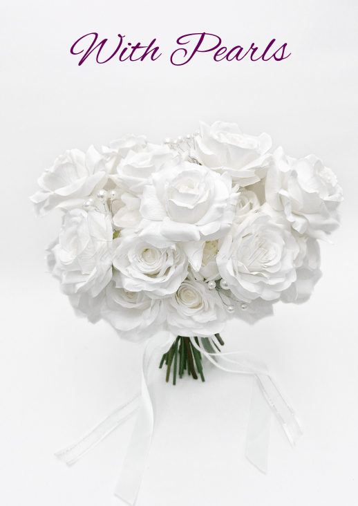 Artificial wedding bridal bouquet with white faux roses, white peonies, added pearl accents and trailing ivory ribbon. Made in Melbourne by Flowers For Ever After, shipping Australia and Worldwide.